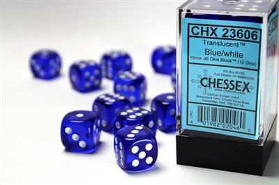 DICE SET TRANS BLÅ/VIT 16MM (12)