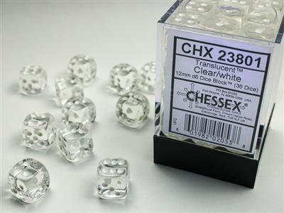 DICE SET TRANS CLEAR/VIT 12MM (36)