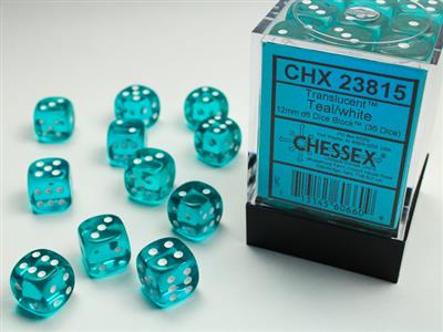 DICE SET TRANS TEAL/VIT 12MM (36)