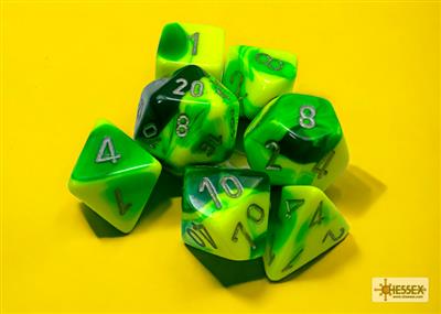 DICE SET GEMI POLY GRE-YEL SILVER (7)