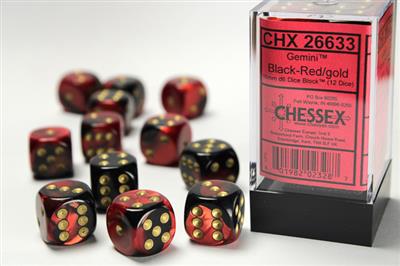 DICE SET GEMI 16mm sort-rød guld D6 (12)