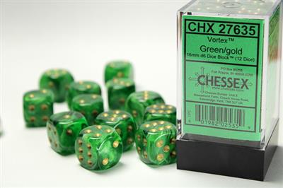 DICE SET VORTEX 16mm Green-Gold D6 (12)