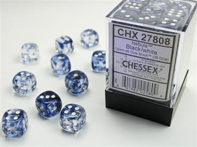 Terningsett Nebula 12mm svart-hvitt D6 (36)