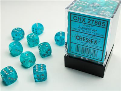 Dobbelsteenset Cirrus 12mm Aqua-Zilver D6 (36)
