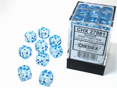 DICE SET BOR LUM ICICE/LIGHT BLÅ 12MM D6 (36)