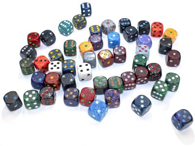 Terningspose med 50 asst. Løs plet. 12 mm d6 m/pips