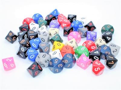 Terningspose med 50 asst. Løs OPA Polyhedra D10