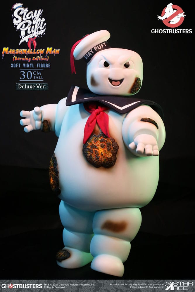 Ghostbusters meki vinilni kip Ostanite Puft Marshmallow Man Burnign Edition Deluxe verzija 30 cm