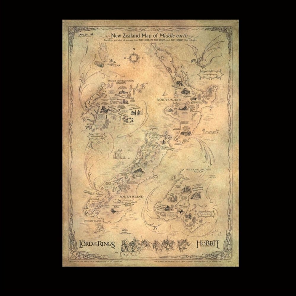 Hobbit Sanatsal Baskı Yeni Zelanda Orta Dünya Haritası 50 x 70 cm