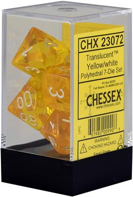 DICE SET genomskinlig polyhedral gul/vit (7)