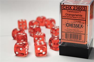 Terninger sæt trans orange/hvid 16mm (12)