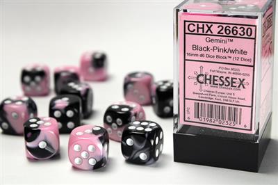 Dice Set Gemi 16mm Black-Pink Wh D6 (12)