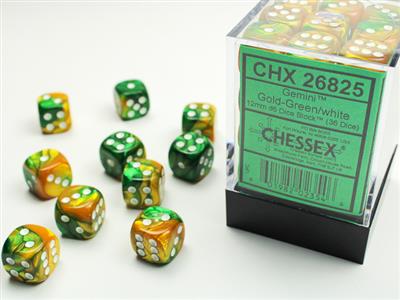 Terningsett Gemi 15mm Gold-Green Whi D6 (36)