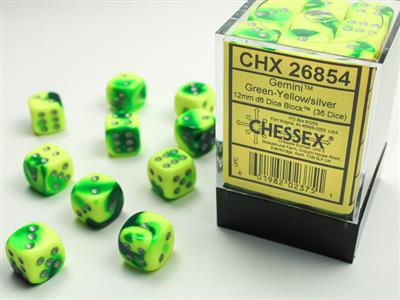 Dice Set Gemi 12mm Gre-Yel Silver D6 (36)