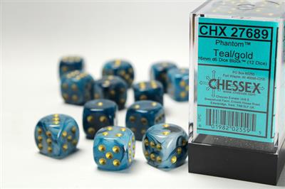 DICE SET PHANTOM 16mm TEAL-GOLD D6 (12)