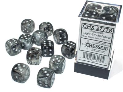 DICE SET BOR LUM LIGHT Røg/sølv 16mm D6 (12)