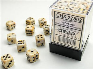 DICE SET MARB 12MM elfenben-svart D6 (36)
