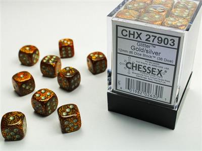 DICE SET Glitter 12mm Gold/Silver D6 (36)