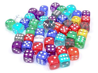 Dice Bag of 50 Asst. Loose Trans. 12mm D6 w/pips