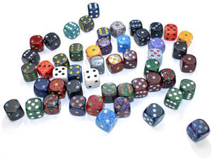 Terningspose med 50 asst. Løs plet. 12 mm d6 m/pips