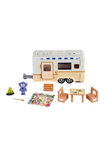 Action figure bluey con veicolo bluey roulotte