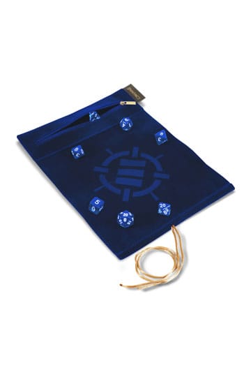 Migliora il rotolamento da tavolo su una borsa per pergamene con i dadi blu