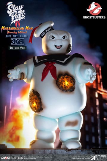 Ghostbusters meki vinilni kip Ostanite Puft Marshmallow Man Burnign Edition Deluxe verzija 30 cm
