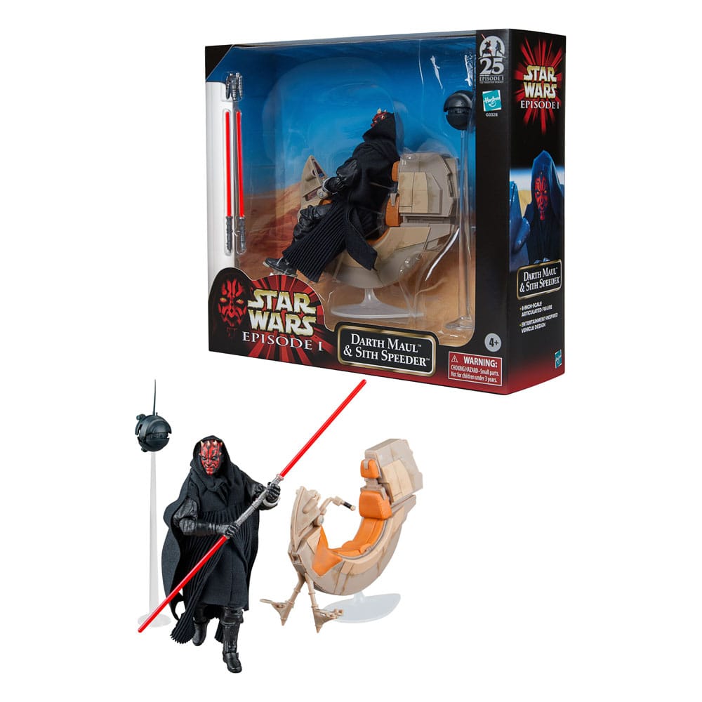 Vehículo Star Wars Episodio I Black Series con figura de acción Darth Maul y Sith Speeder 25º aniversario