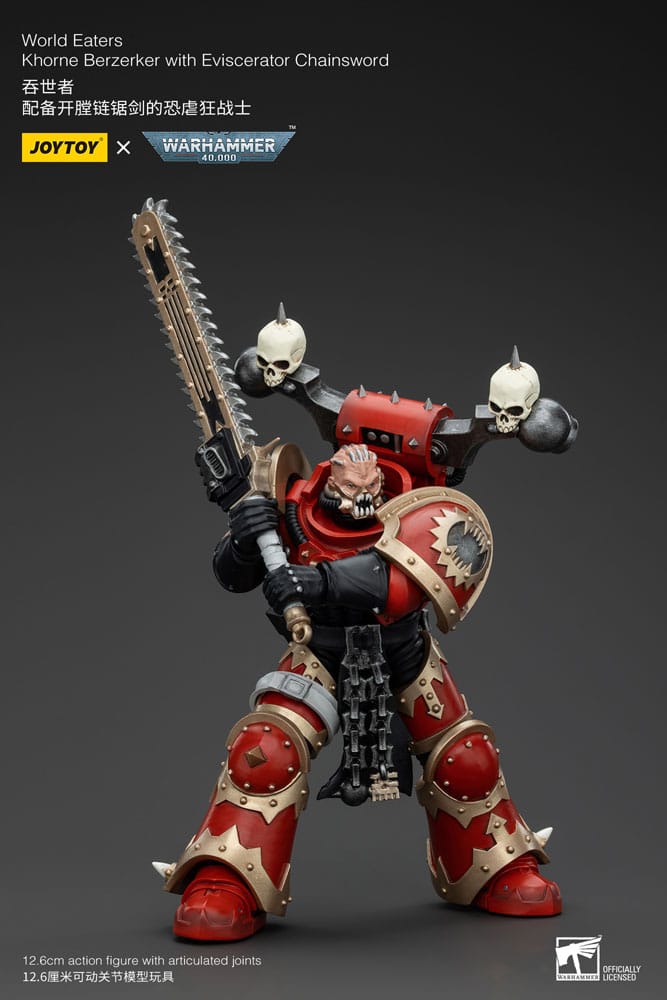 Warhammer 40K Action Figur 1/18 World Eaters Khorne Berzerker med Eviscerator Chainword 13 cm