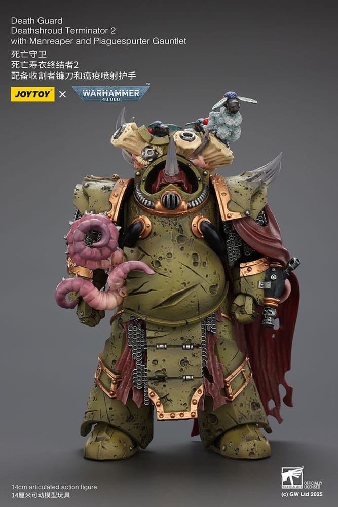 Warhammer 40k actiefiguur 1/18 Death Guard Deathshroud Terminator 2 met Manreaper en Plaguespurter handschoen 14 cm