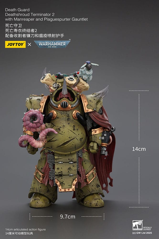 Warhammer 40k actiefiguur 1/18 Death Guard Deathshroud Terminator 2 met Manreaper en Plaguespurter handschoen 14 cm