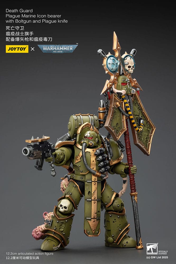 Warhammer 40.000 Action Figure Death Guard Plague Marine Ikonbærer med Boltgun og Plague kniv 12 cm