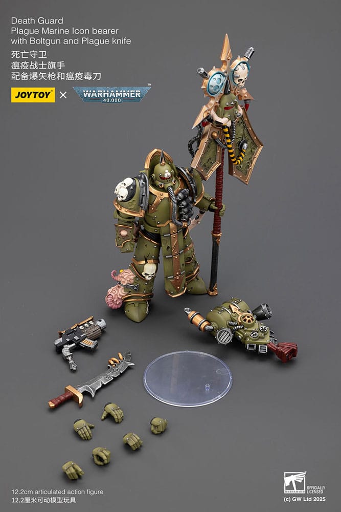 Warhammer 40.000 Action Figure Death Guard Plague Marine Ikonbærer med Boltgun og Plague kniv 12 cm