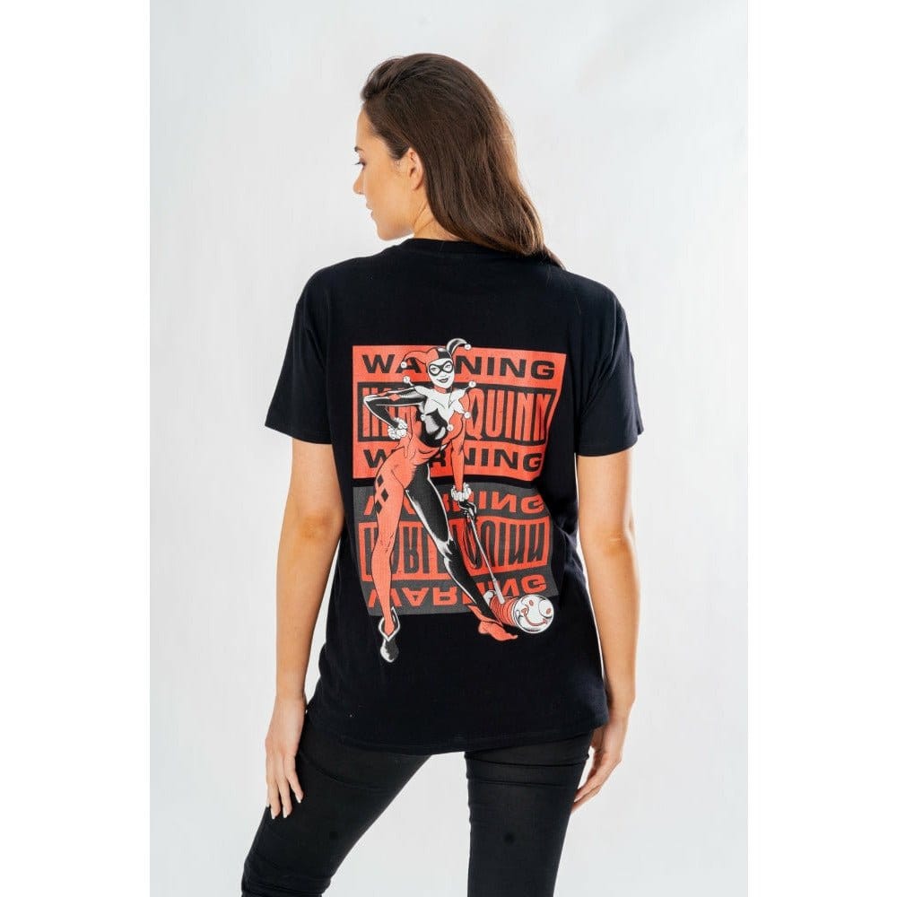 DC Comics T-shirt Harley Quinn Framsida Baksida Varning