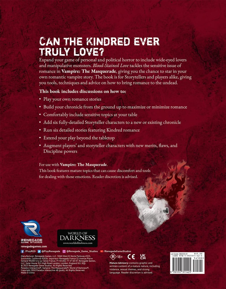 Vampire: The Masquerade 5a edizione RPG libro Blood-Stched Love Sourcebook *Versione inglese*