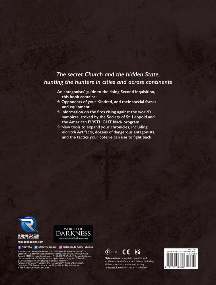 Vampire: The Masquerade 5a edizione RPG libro Second Inquisition *Versione inglese*