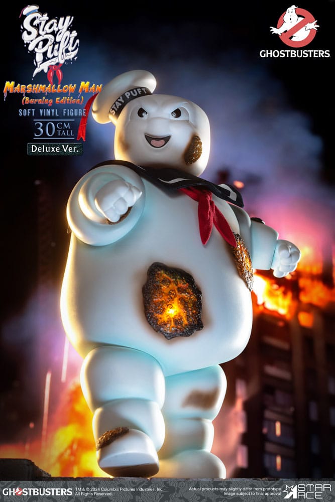 Ghostbusters meki vinilni kip Ostanite Puft Marshmallow Man Burnign Edition Deluxe verzija 30 cm