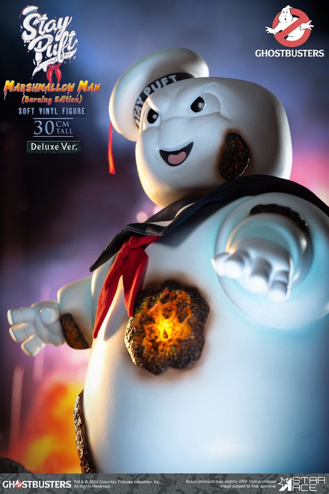 Ghostbusters meki vinilni kip Ostanite Puft Marshmallow Man Burnign Edition Deluxe verzija 30 cm