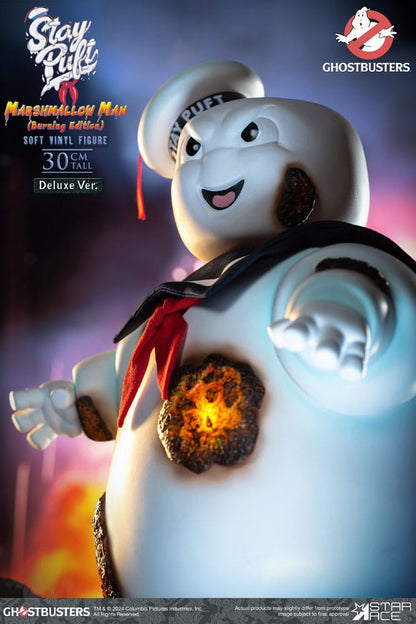 Ghostbusters meki vinilni kip Ostanite Puft Marshmallow Man Burnign Edition Deluxe verzija 30 cm