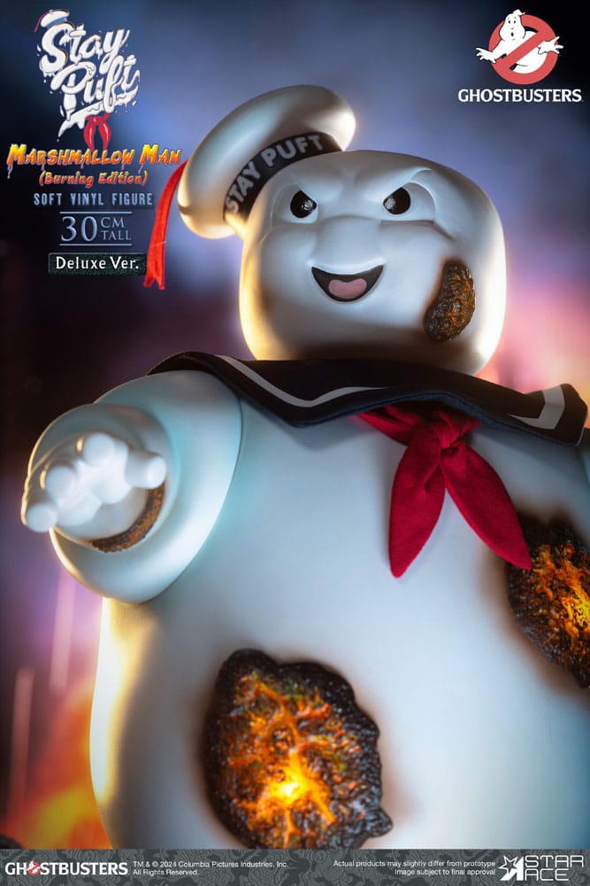 Ghostbusters meki vinilni kip Ostanite Puft Marshmallow Man Burnign Edition Deluxe verzija 30 cm