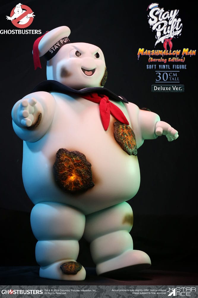 Ghostbusters meki vinilni kip Ostanite Puft Marshmallow Man Burnign Edition Deluxe verzija 30 cm