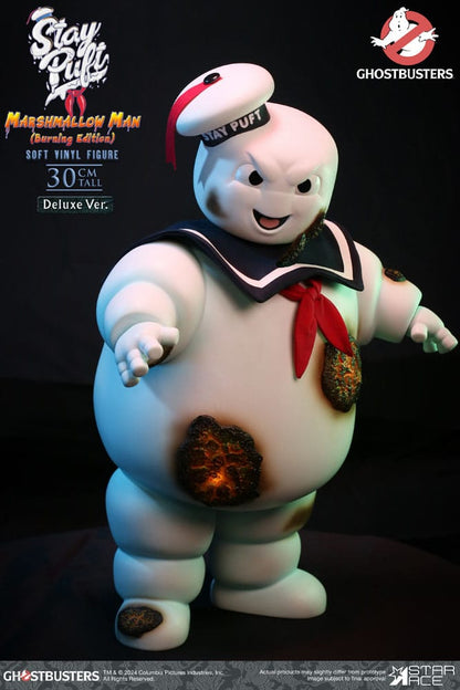Ghostbusters meki vinilni kip Ostanite Puft Marshmallow Man Burnign Edition Deluxe verzija 30 cm