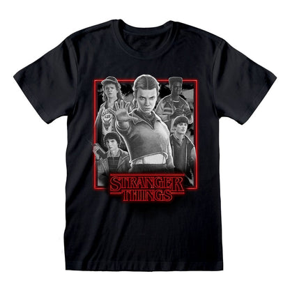 Camiseta de Stranger Things con personajes en caja luminosa en blanco y negro