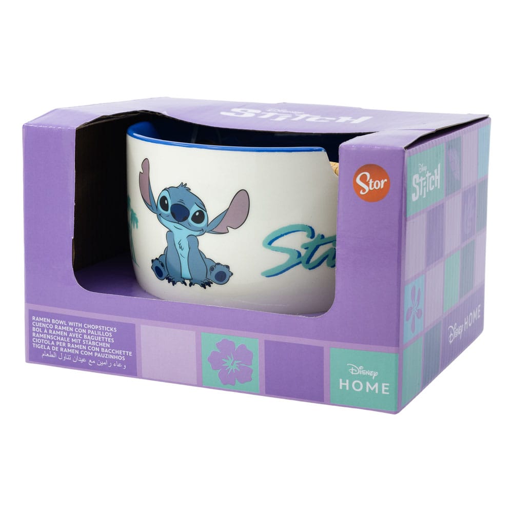 Tazón de ramen lilo y puntada con palillos